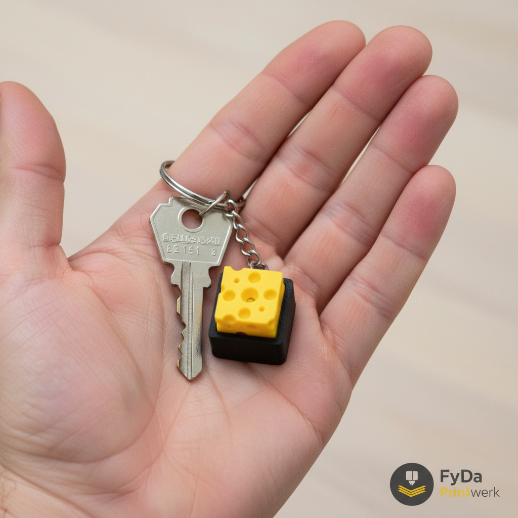 Fidget Clicker Schlüsselanhänger Käsewürfel – 3D Druck Klicker aus PLA, EDC Gadget für Stressabbau – Geschenk fürs Büro & Schule