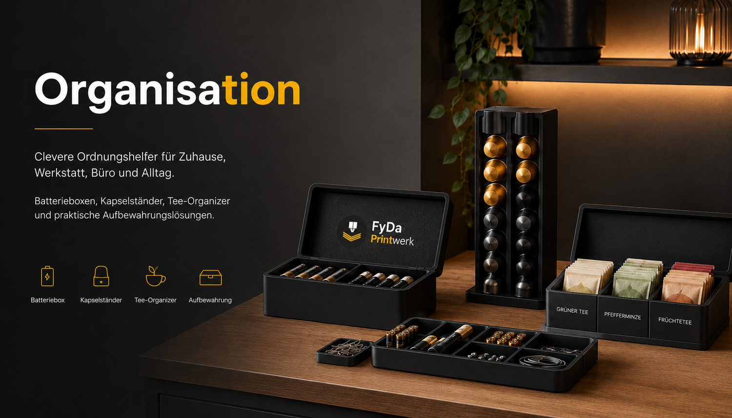 Moderne Ordnungshelfer mit Batterieboxen, Werkzeugorganisation und Aufbewahrungslösungen von FyDa Printwerk