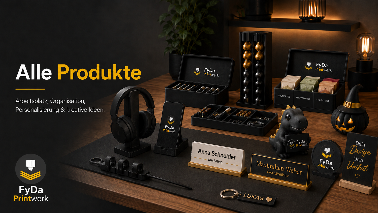 Übersicht aller FyDa Printwerk Produkte mit Arbeitsplatzlösungen, Ordnungshelfern, personalisierten Schildern, kreativen Gadgets und 3D-Druck-Zubehör