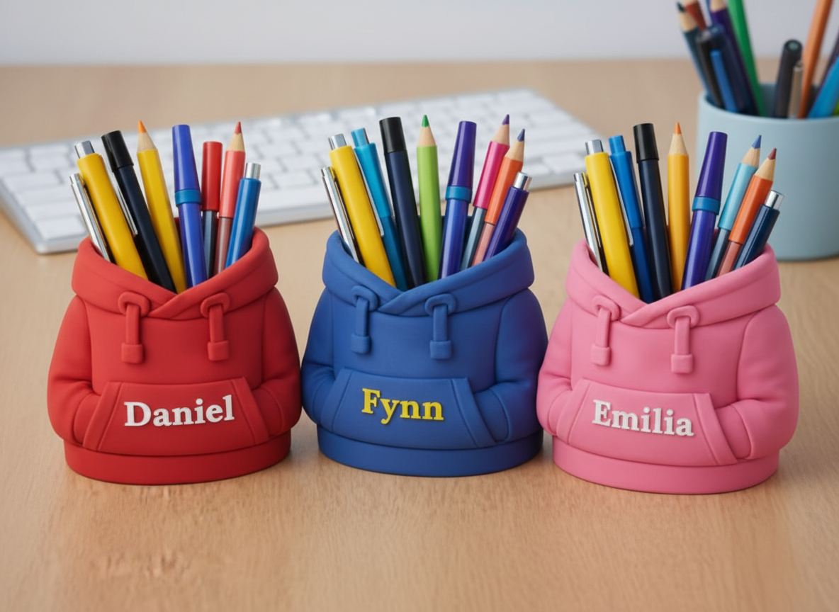 Personalisierter Hoodie Stiftehalter mit Name – 3D gedruckter Schreibtisch Organizer