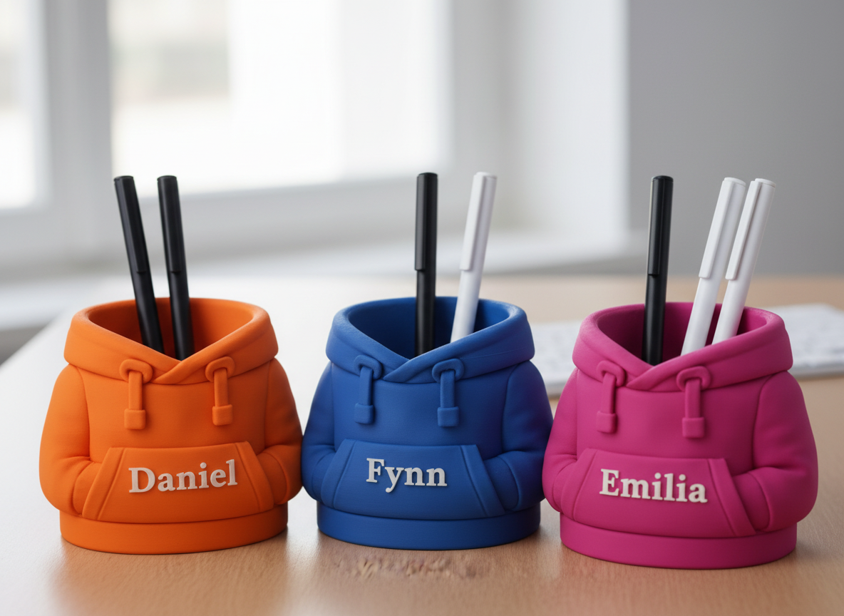 Personalisierter Hoodie Stiftehalter mit Name – 3D gedruckter Schreibtisch Organizer