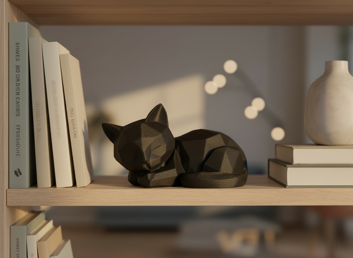 Low‑Poly Katze (schlafend) in Schwarz – moderne Japandi/Skandi Dekofigur (3D‑Druck)