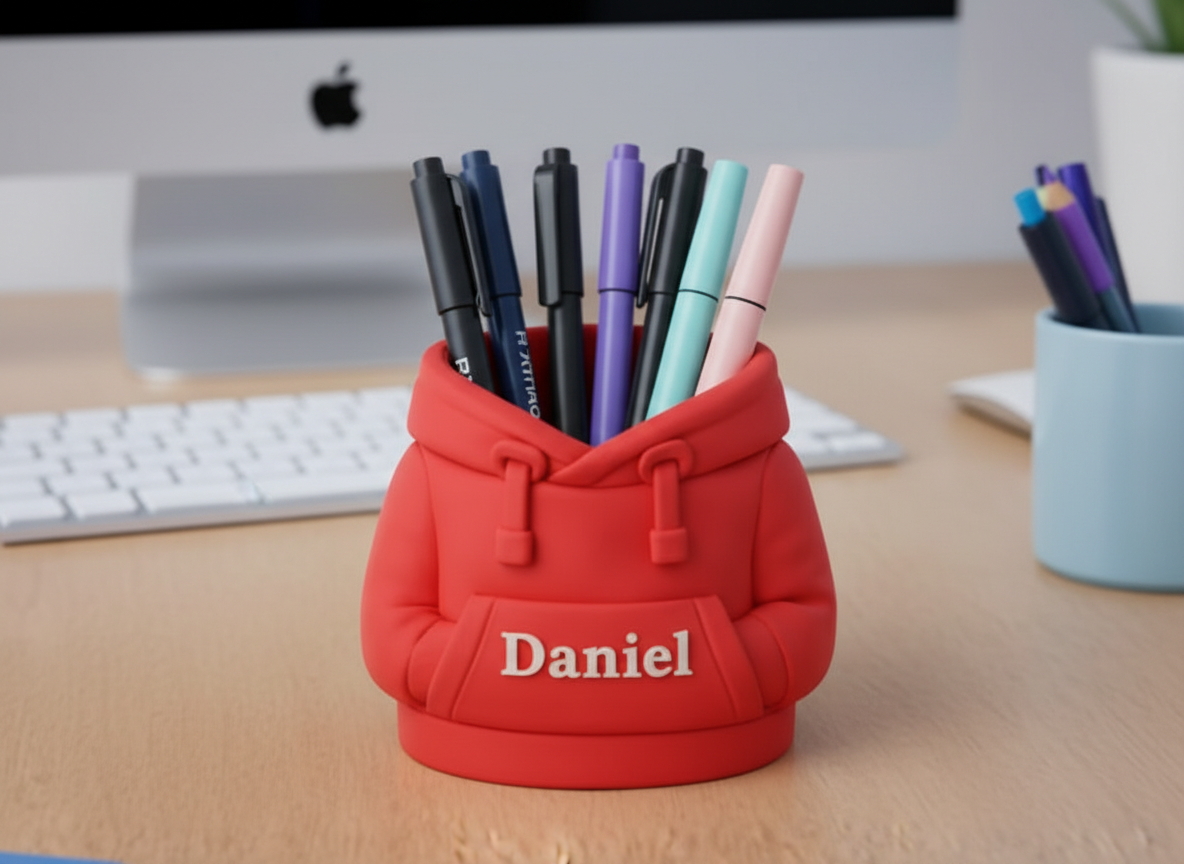 Personalisierter Hoodie Stiftehalter mit Name – 3D gedruckter Schreibtisch Organizer