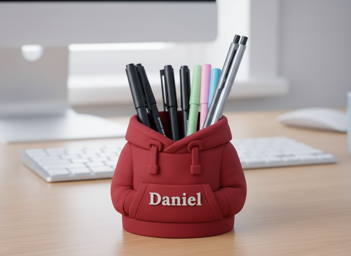 Personalisierter Hoodie Stiftehalter mit Name – 3D gedruckter Schreibtisch Organizer