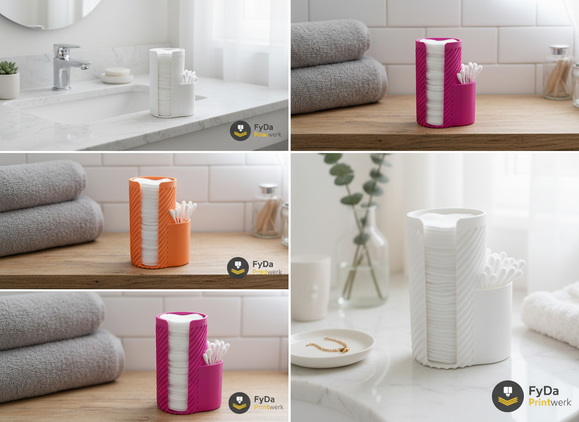 Wattepadhalter mit Q-Tip Halter – Badezimmer Organizer aus 3D Druck (PLA) – modern mit Rillenoptik, Aufbewahrung fuer Wattepads & Ohrenstaebchen