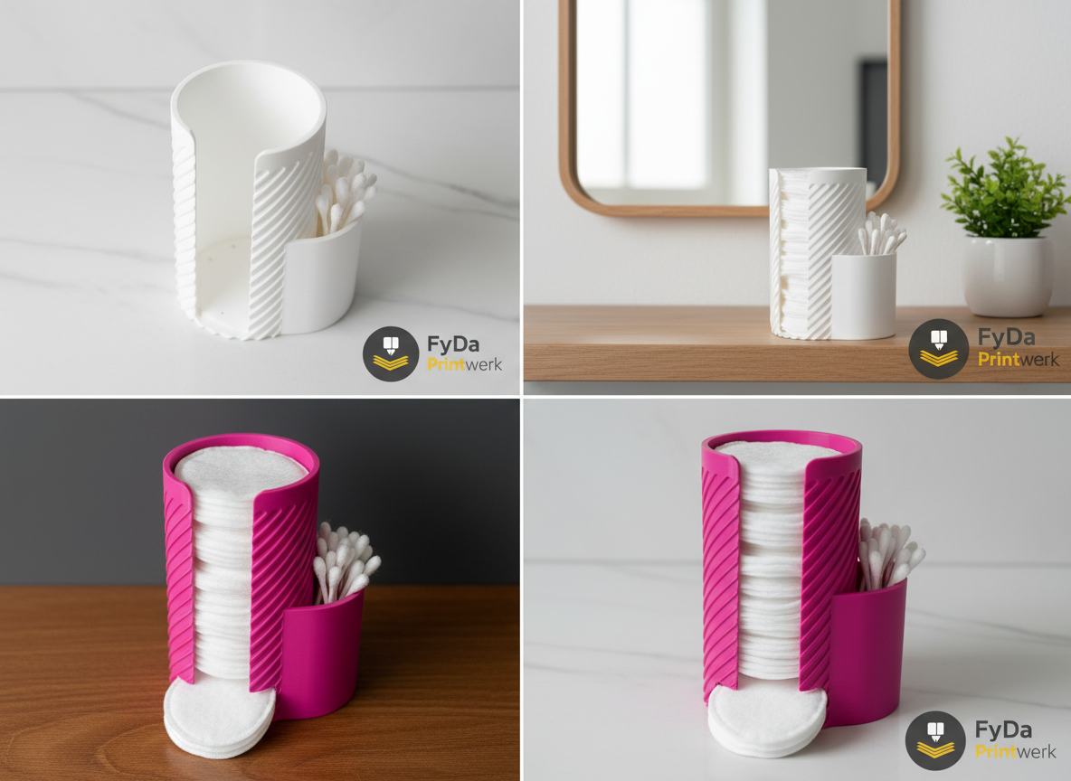 Wattepadhalter mit Q-Tip Halter – Badezimmer Organizer aus 3D Druck (PLA) – modern mit Rillenoptik, Aufbewahrung fuer Wattepads & Ohrenstaebchen