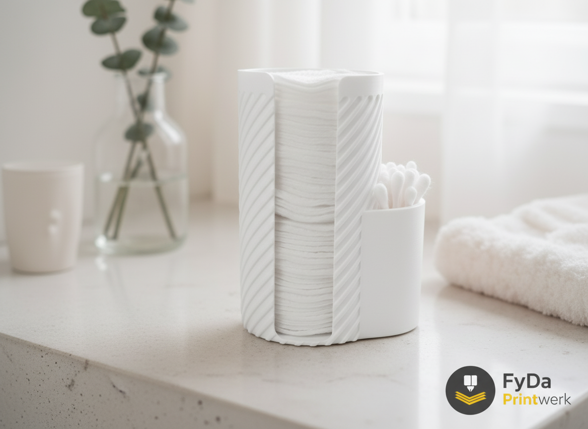 Wattepadhalter mit Q-Tip Halter – Badezimmer Organizer aus 3D Druck (PLA) – modern mit Rillenoptik, Aufbewahrung fuer Wattepads & Ohrenstaebchen