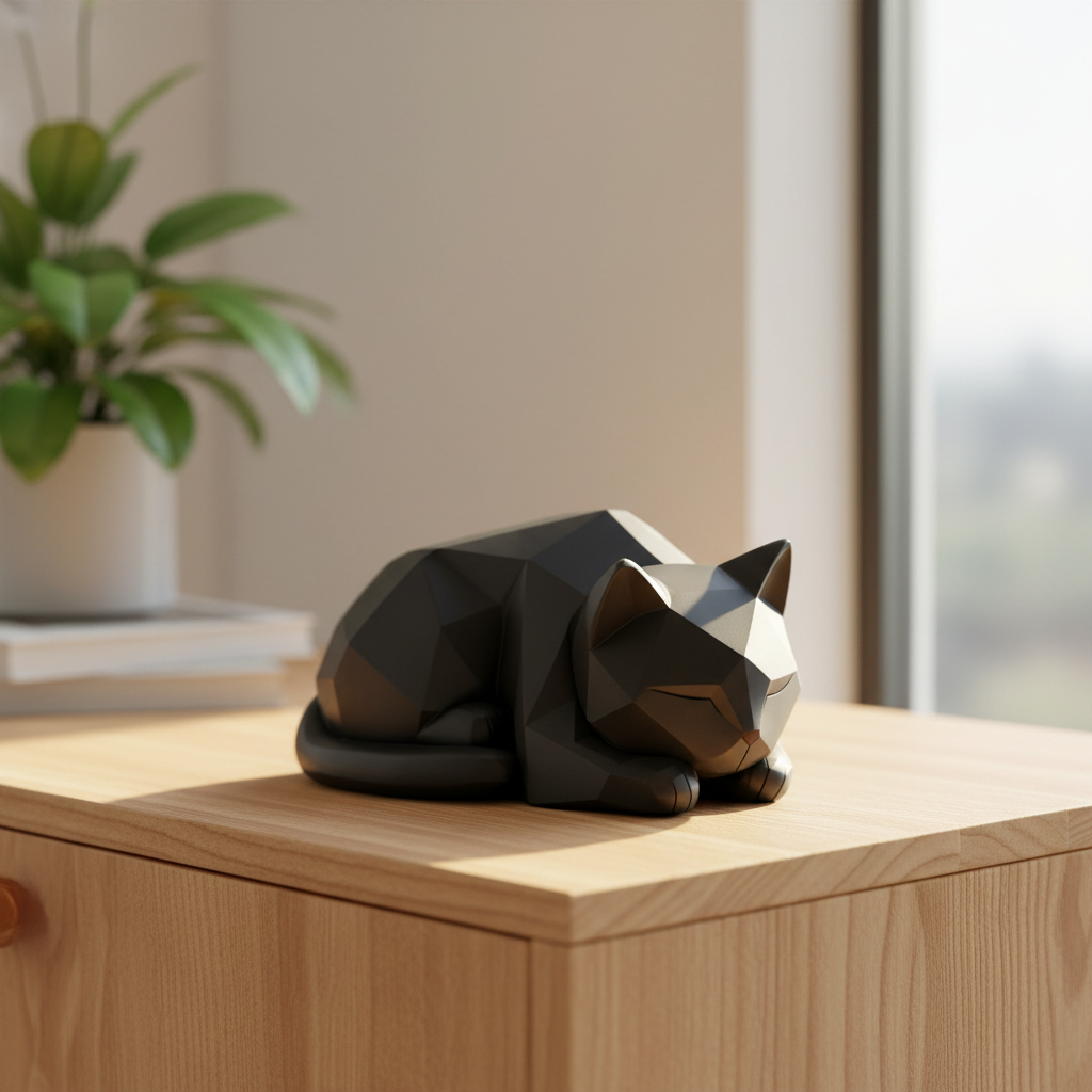 Low-Poly Katze lauernd – minimalistische Dekofigur aus 3D-Druck, Geschenk für Katzenliebhaber
