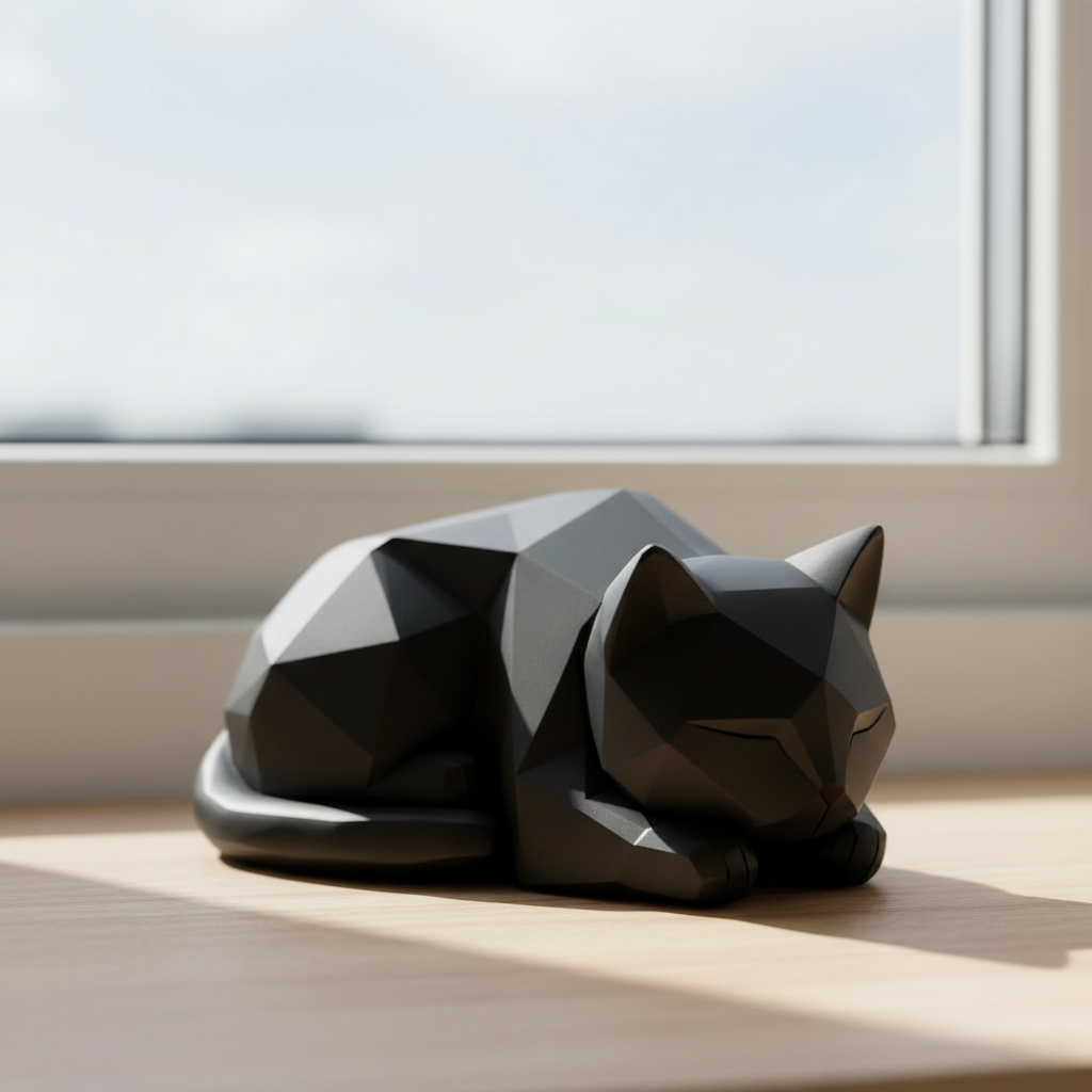 Low Poly Katze lauernd – moderne 3D Druck Deko in Schwarz – minimalistische Katzenfigur fürs Regal – Geschenk für Katzenliebhaber