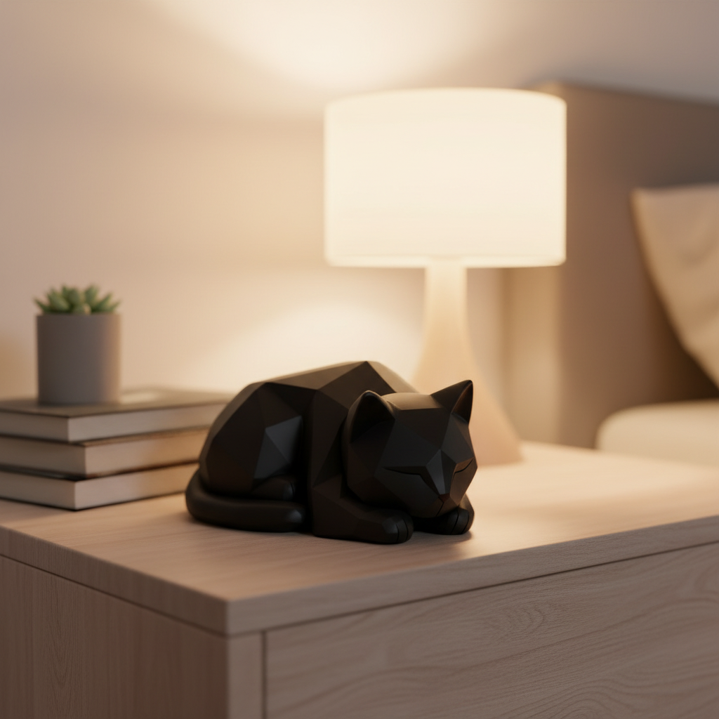 Low Poly Katze lauernd – moderne 3D Druck Deko in Schwarz – minimalistische Katzenfigur fürs Regal – Geschenk für Katzenliebhaber