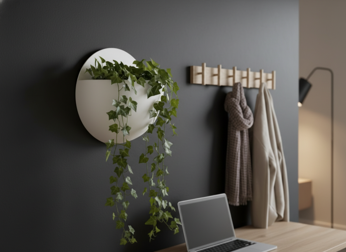 Wand Pflanztopf rund 3D Druck Übertopf Wandhalterung Blumentopf minimalistisch Pflanzenhalter schwarz weiß