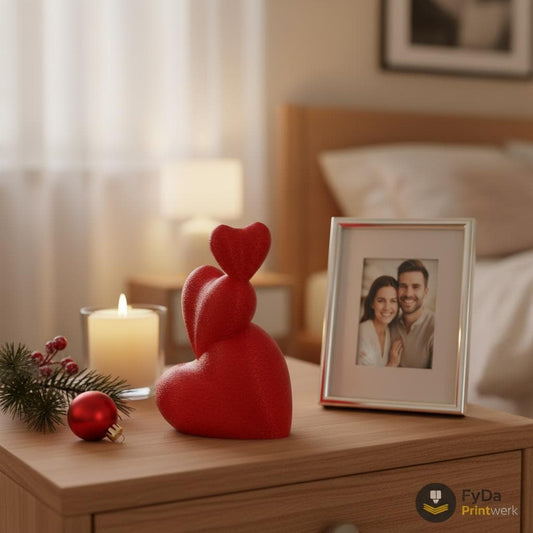 Gestapelte, glänzende 3D-Herzen auf Nachttisch neben Paarfoto, mit Kerze und Tannenzweig, FyDa Printwerk