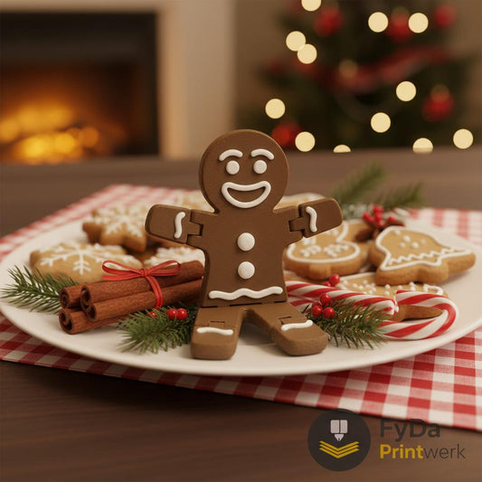 Beweglicher 3D-Lebkuchenmann als festliche Deko auf Weihnachtsteller mit Plätzchen, Zimtstangen und Tannenzweigen, FyDa Printwerk