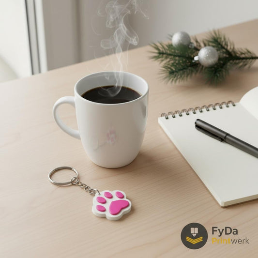Der einzelne, pink-weiße 3D-gedruckte Tatzen-Anhänger liegt an einem Schlüsselbund neben einer Tasse Kaffee und einem Notizbuch auf einem hellen Schreibtisch. Im Hintergrund sorgt ein kleiner Tannenzweig oder eine Mini-Kugel für dezente winterliche Stimmung. Die Szene ist freundlich, modern und hochwertig. Das FyDa Printwerk Wasserzeichen ist dezent unten rechts