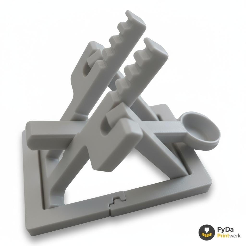 Rotes Miniatur Katapult aus 3D-Druck mit bunten Spielsteinen