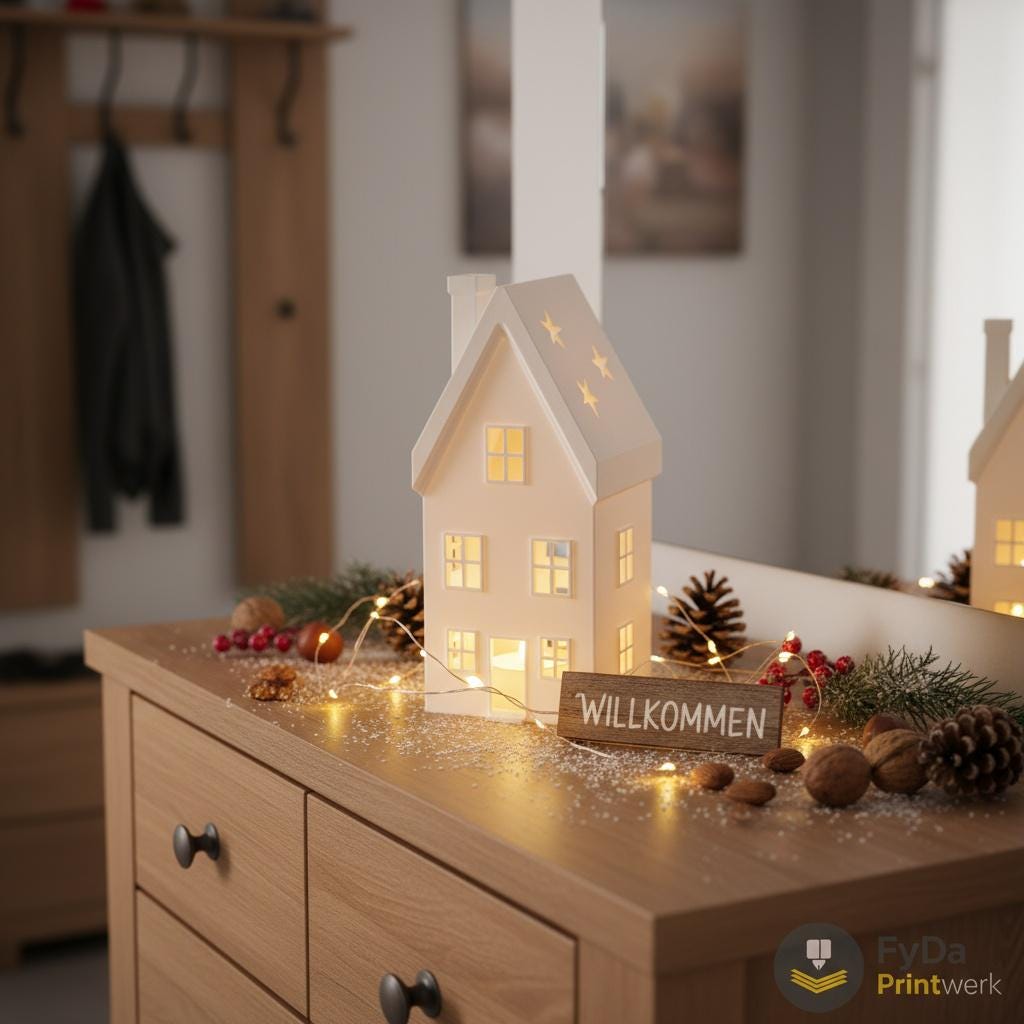 Winterhaus Weihnachtsdeko mit Sternenausschnitten im Dach