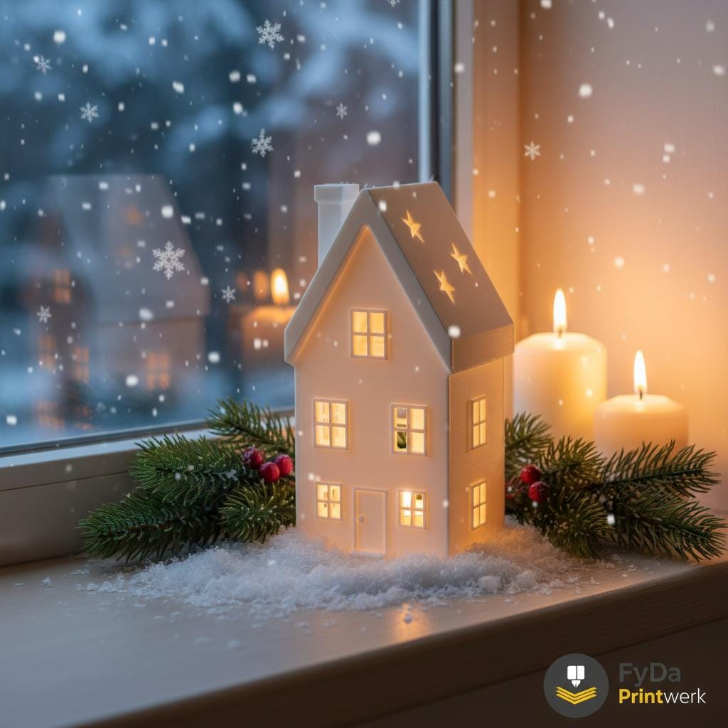 Weißes Winterhaus aus 3D-Druck mit leuchtendem LED-Teelicht