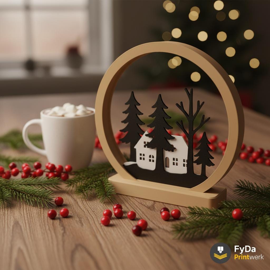 Moderne Winterdeko Ring mit Winterlandschaft auf dem Sideboard