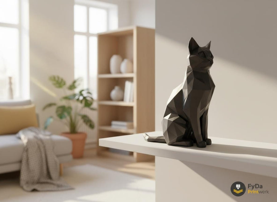 Sitzende Low-Poly Katze aus 3D-Druck in Schwarz