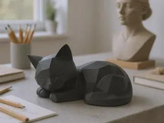 Chat Low-Poly (dormant) en Noir – Figurine décorative moderne Japandi/Scandi (impression 3D)