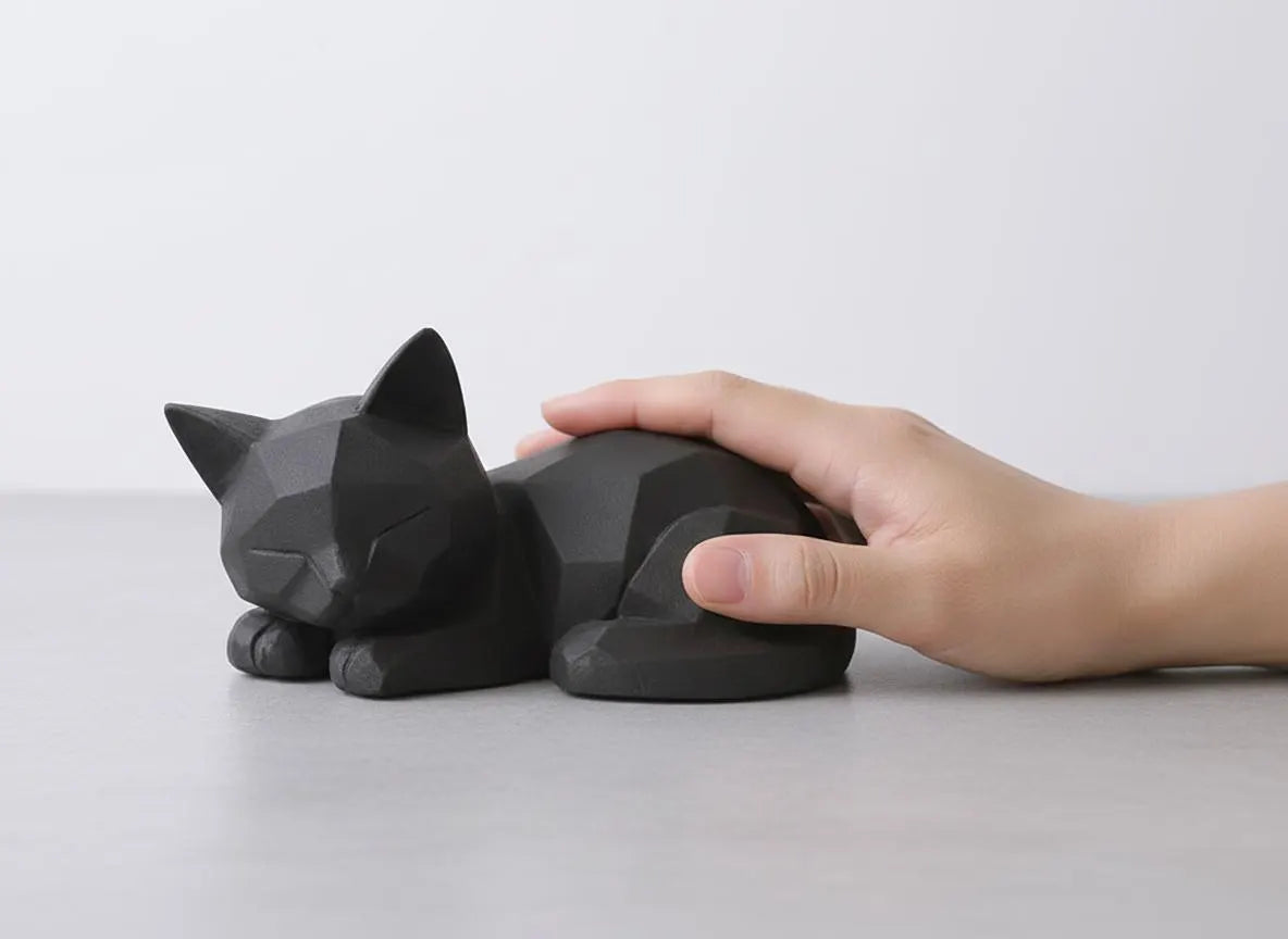 Low‑Poly Katze (schlafend) in Schwarz – moderne Japandi/Skandi Dekofigur (3D‑Druck)