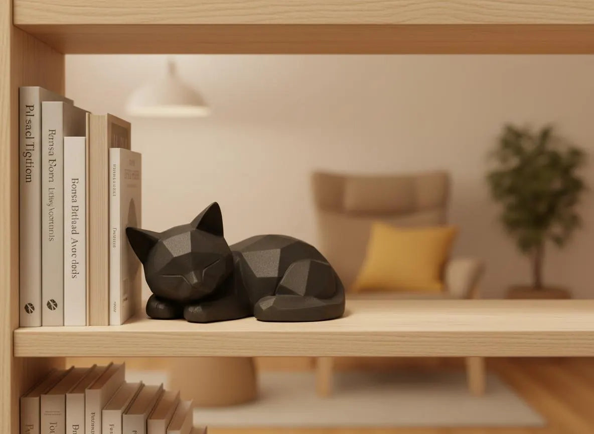 Low‑Poly Katze (schlafend) in Schwarz – moderne Japandi/Skandi Dekofigur (3D‑Druck)