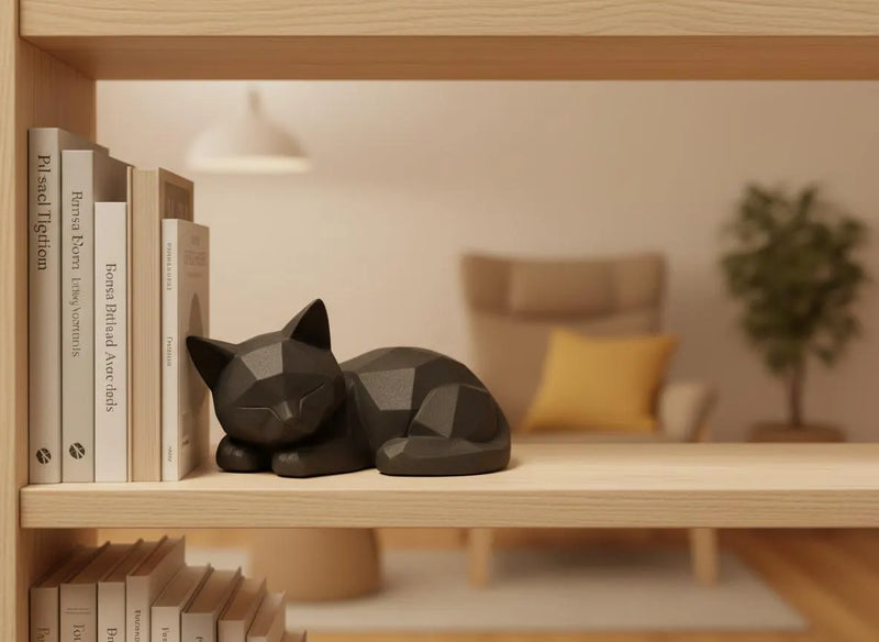 Chat Low-Poly (dormant) en Noir – Figurine décorative moderne Japandi/Scandi (impression 3D)