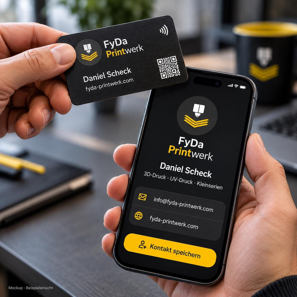 Personalisierte NFC Visitenkarte mit Logo und QR-Code von FyDa Printwerk