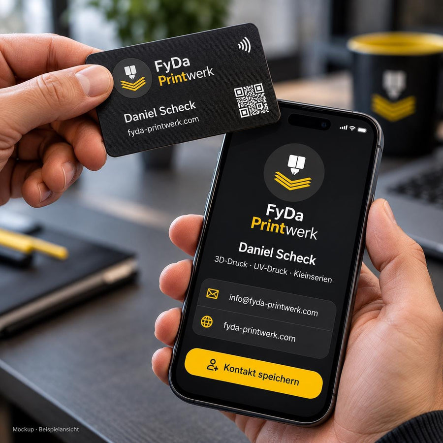 Personalisierte NFC Visitenkarte mit Logo und QR-Code von FyDa Printwerk